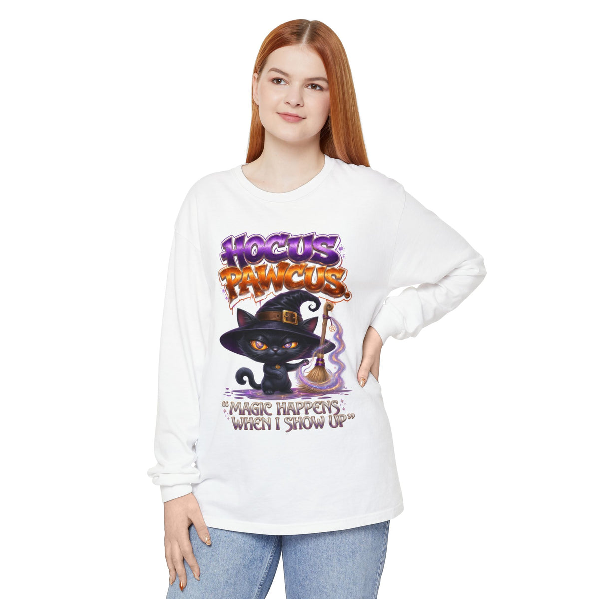 Hocus Paws Cat Witch Long Sleeve Tee — "Magic Happens When I Show Up" Halloween Shirt