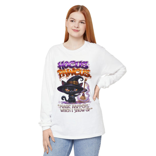 Hocus Paws Cat Witch Long Sleeve Tee — "Magic Happens When I Show Up" Halloween Shirt