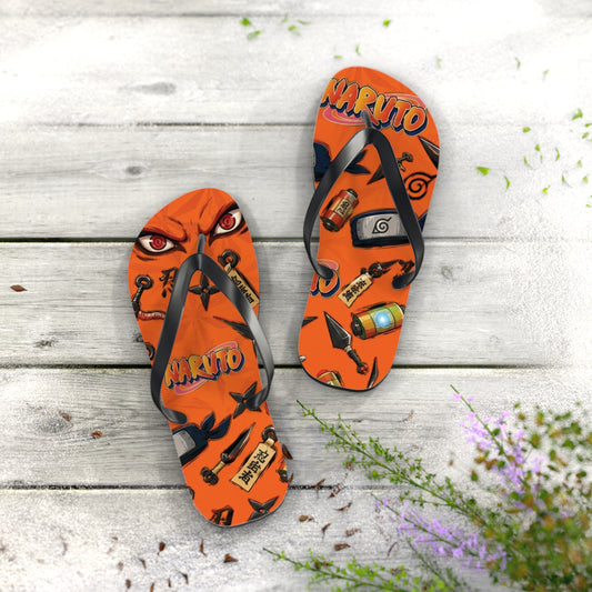 naruto Anime-Inspired Orange Graphic Flip Flops — Ninja Symbols & Mask Design