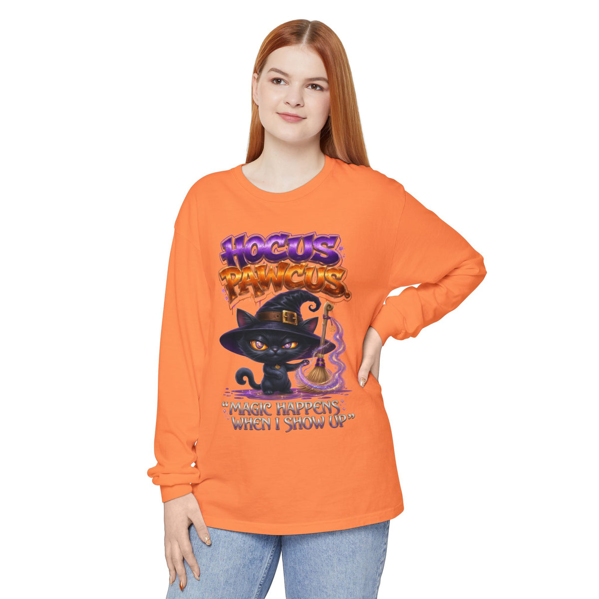 Hocus Paws Cat Witch Long Sleeve Tee — "Magic Happens When I Show Up" Halloween Shirt