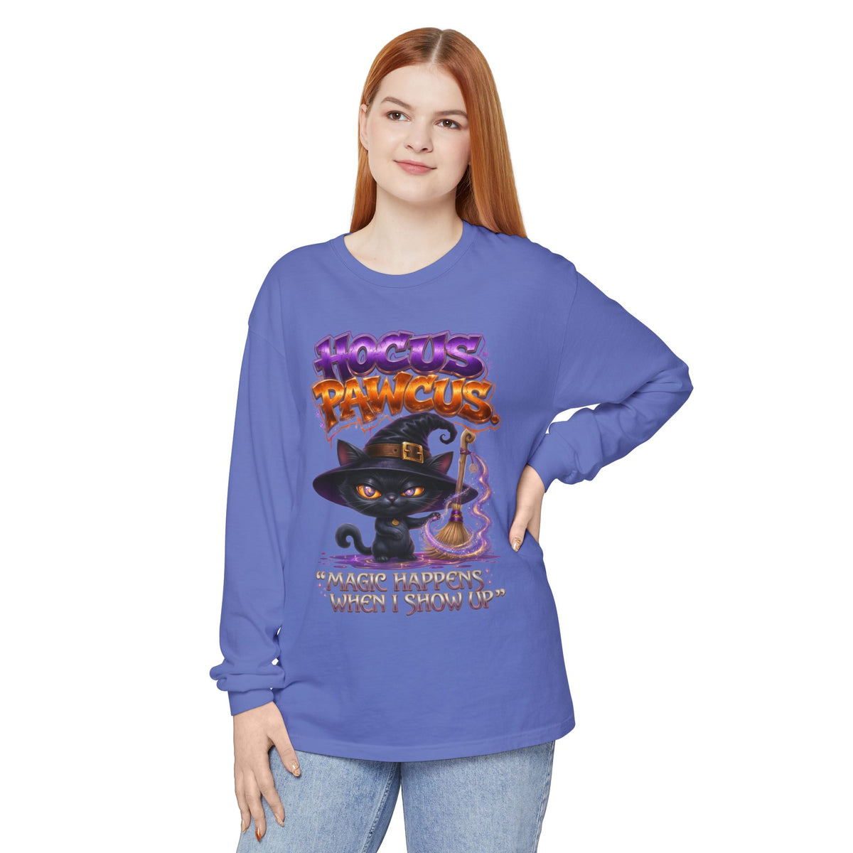 Hocus Paws Cat Witch Long Sleeve Tee — "Magic Happens When I Show Up" Halloween Shirt