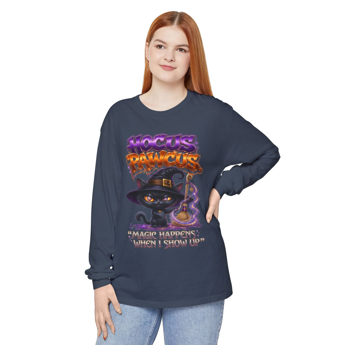 Hocus Paws Cat Witch Long Sleeve Tee — "Magic Happens When I Show Up" Halloween Shirt