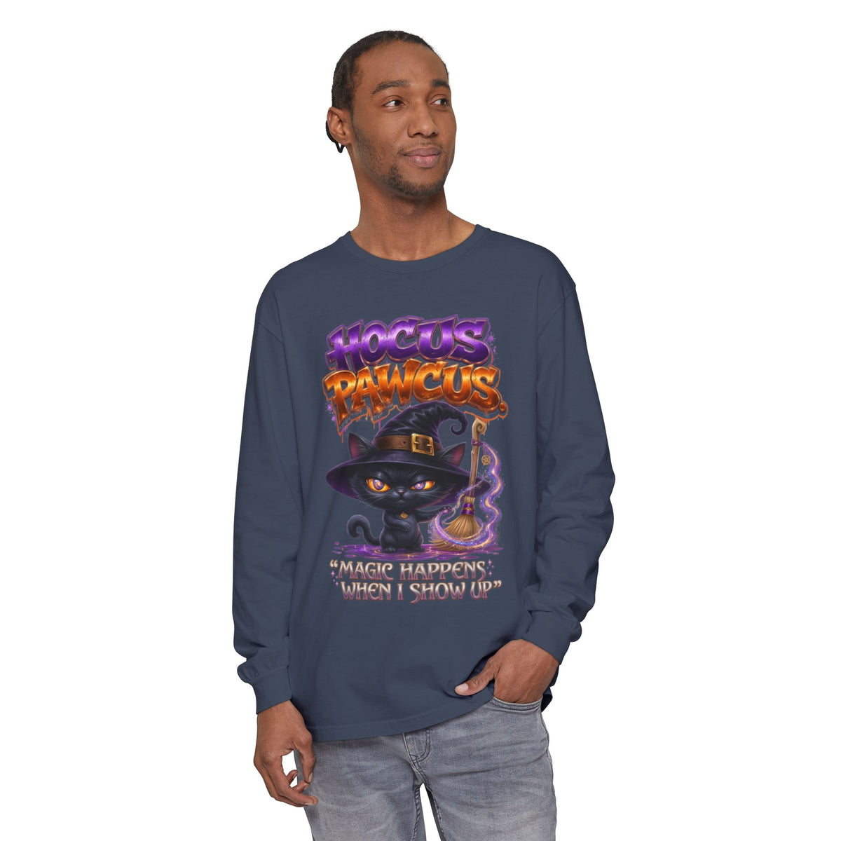 Hocus Paws Cat Witch Long Sleeve Tee — "Magic Happens When I Show Up" Halloween Shirt