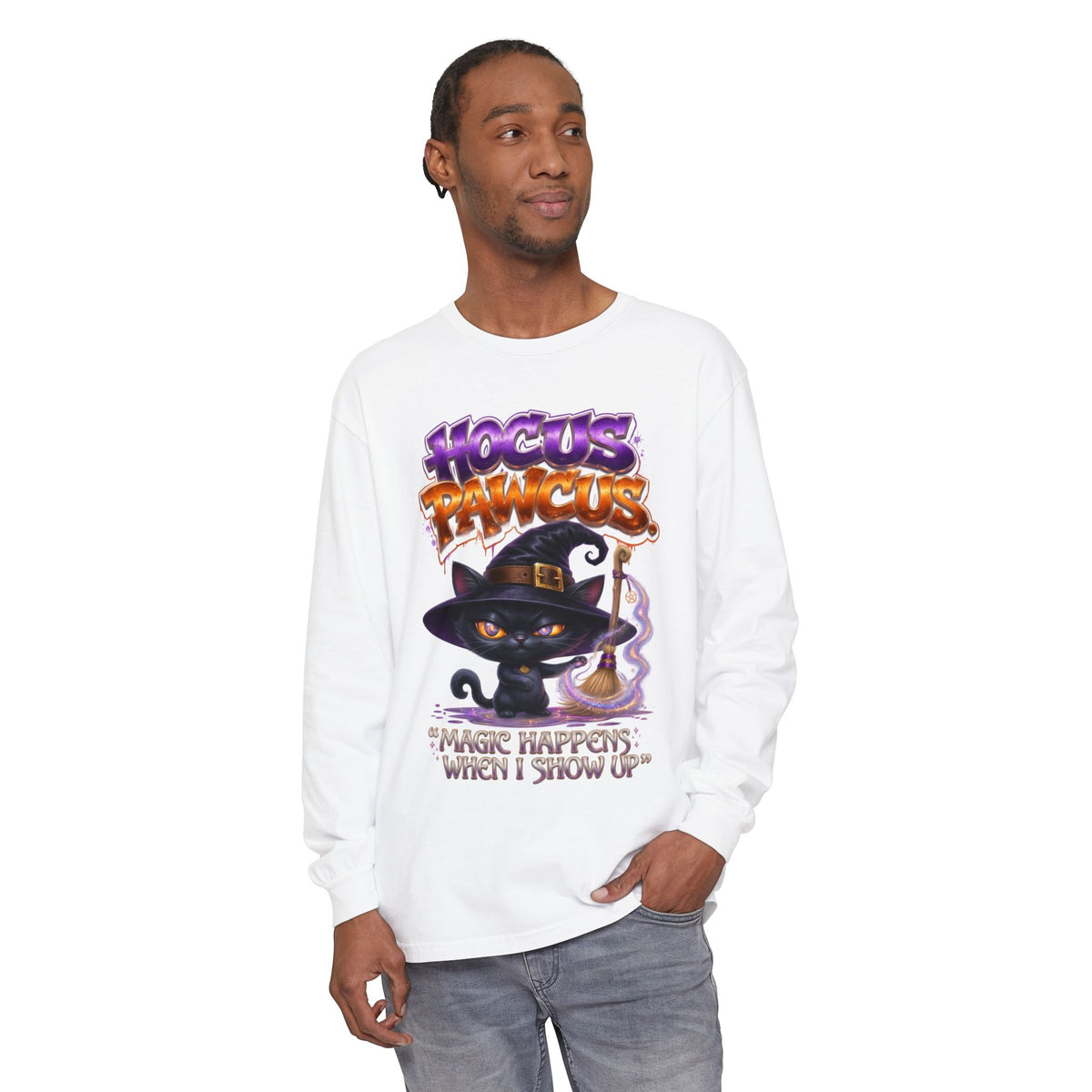 Hocus Paws Cat Witch Long Sleeve Tee — "Magic Happens When I Show Up" Halloween Shirt