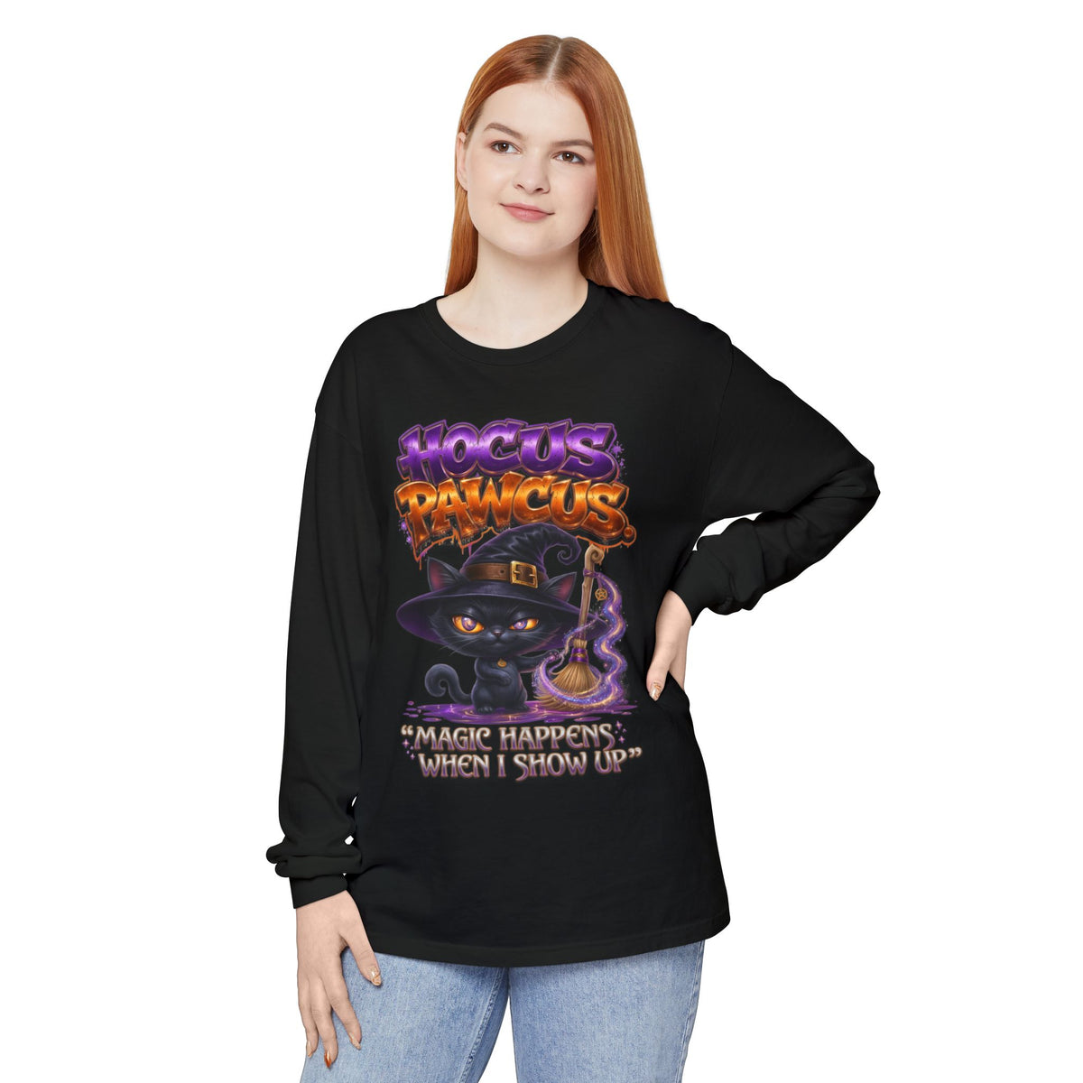 Hocus Paws Cat Witch Long Sleeve Tee — "Magic Happens When I Show Up" Halloween Shirt