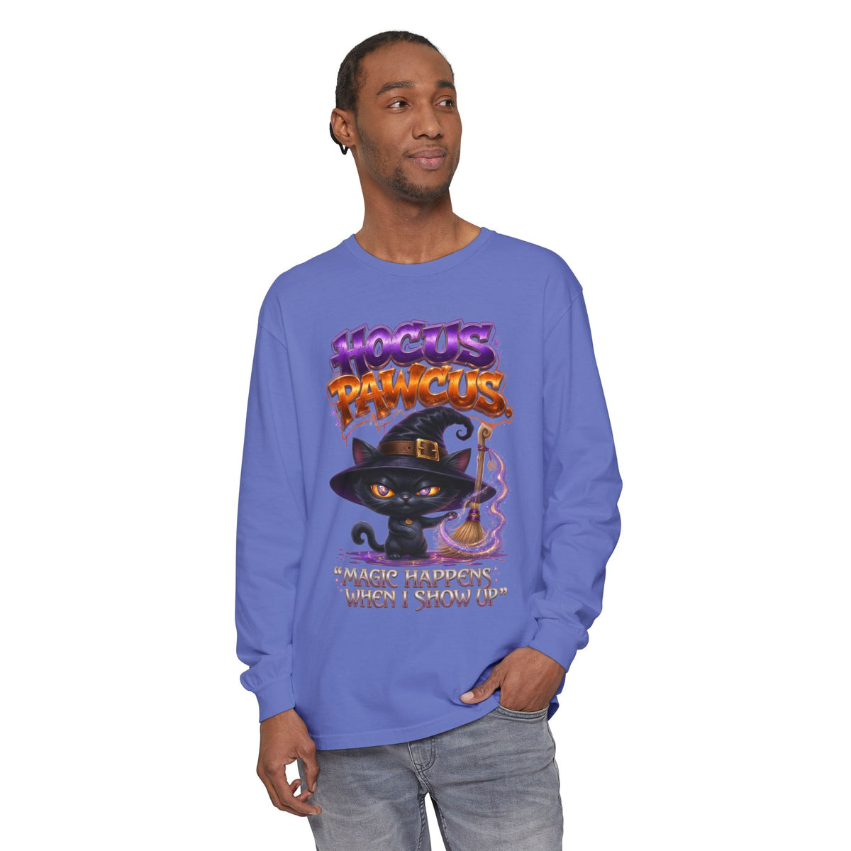 Hocus Paws Cat Witch Long Sleeve Tee — "Magic Happens When I Show Up" Halloween Shirt