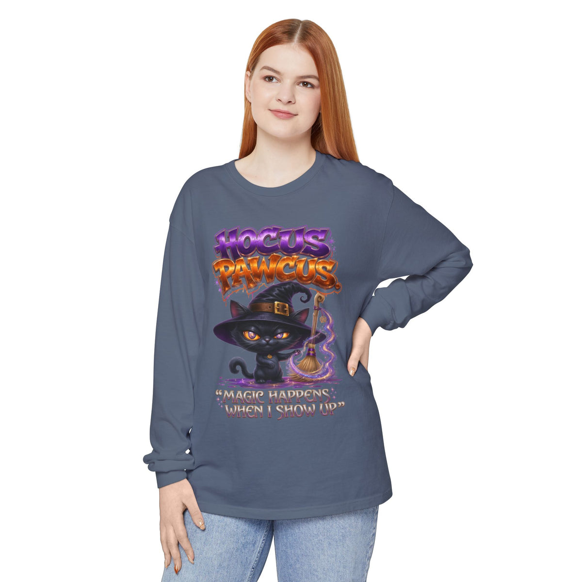 Hocus Paws Cat Witch Long Sleeve Tee — "Magic Happens When I Show Up" Halloween Shirt