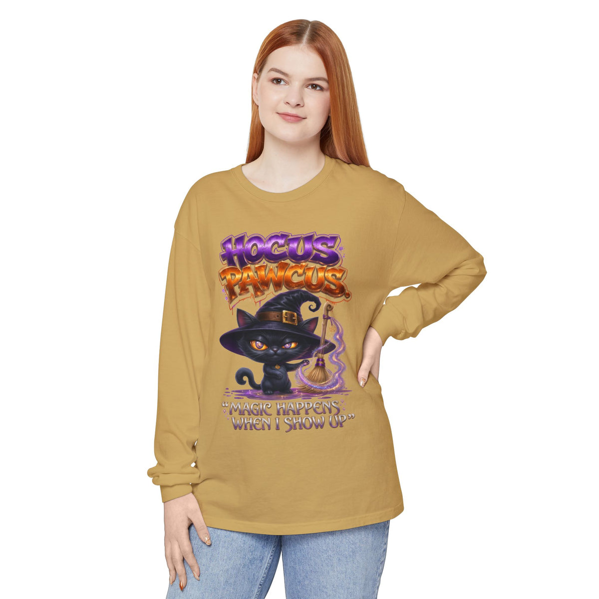 Hocus Paws Cat Witch Long Sleeve Tee — "Magic Happens When I Show Up" Halloween Shirt