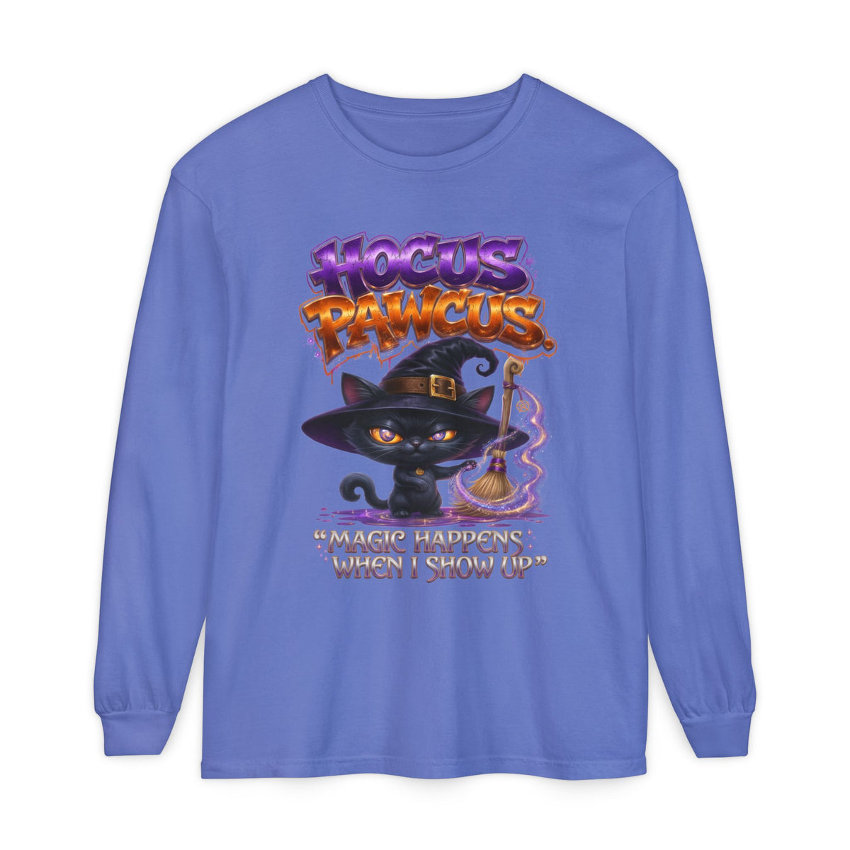 Hocus Paws Cat Witch Long Sleeve Tee — "Magic Happens When I Show Up" Halloween Shirt