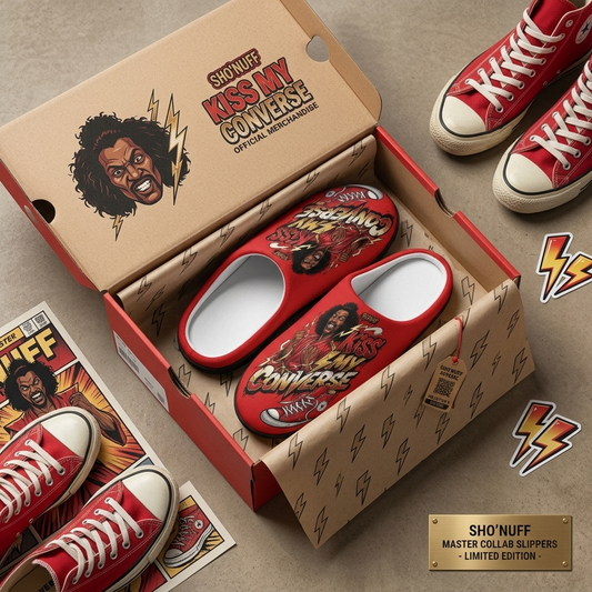 Sho nuff Men's Slippers — Bold Red 'Kiss My Converse' Graphic Indoor Clog