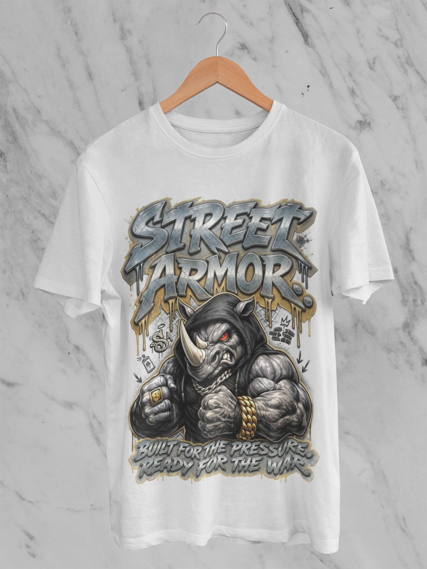 Street Armor Rhino Streetwear T-Shirt  Built for the Pressure Ready for the War  Urban Hip-Hop Graphic Tee
