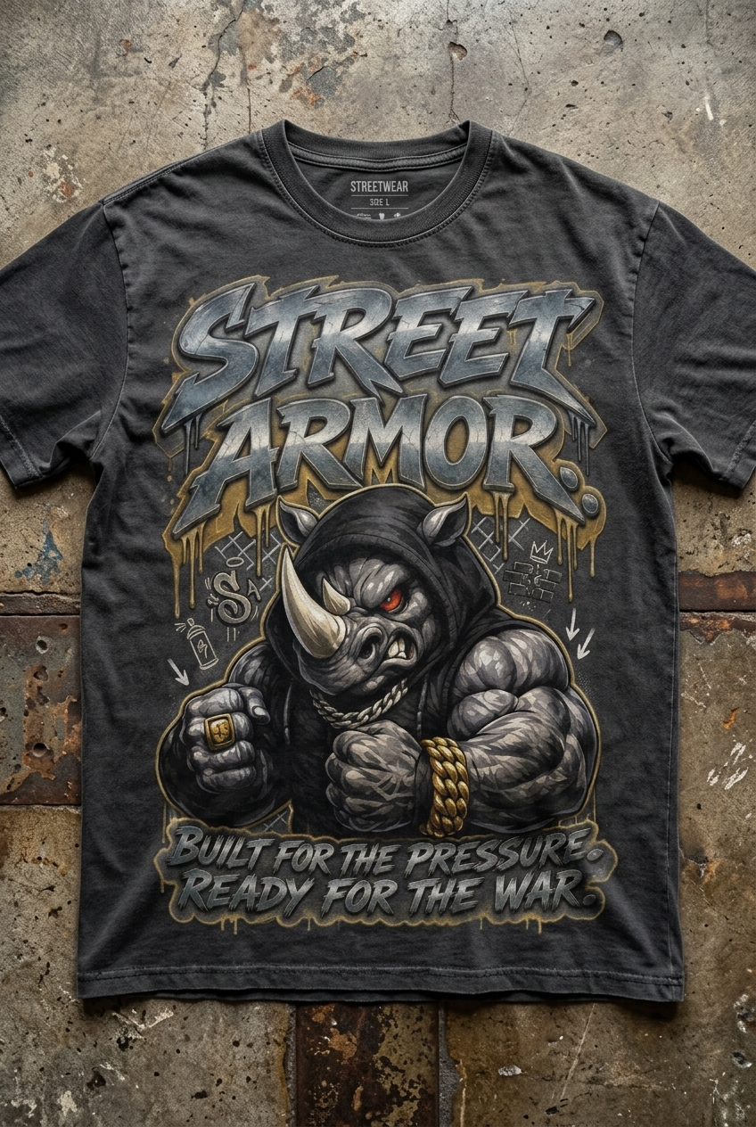 Street Armor Rhino Streetwear T-Shirt  Built for the Pressure Ready for the War  Urban Hip-Hop Graphic Tee