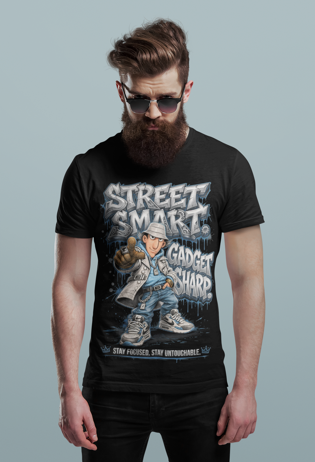 Street Smart Gadget Inspired Urban Graphic T-Shirt | Hip-Hop Cartoon Detective Streetwear Tee | Stay Focused Stay Untouchable