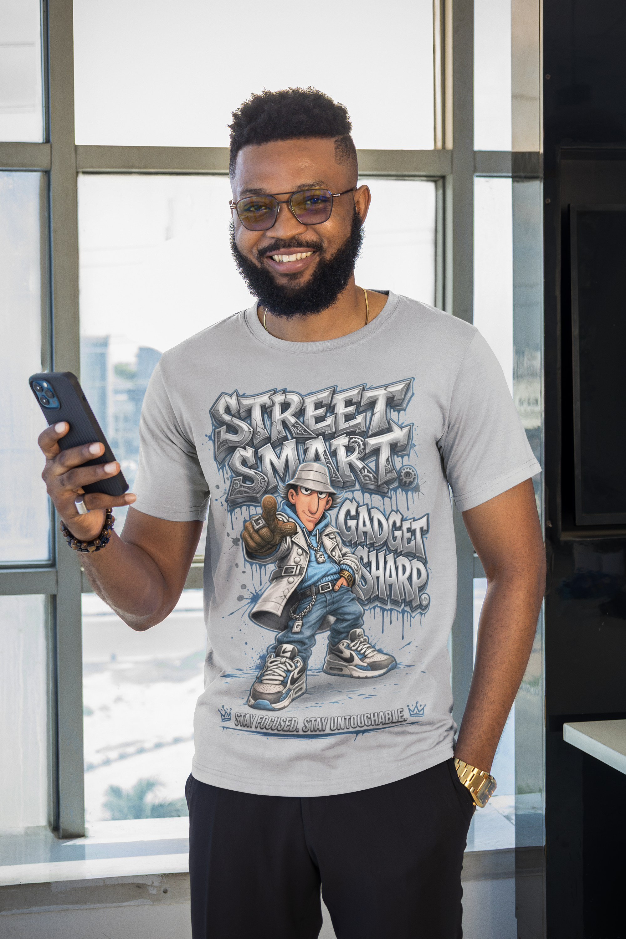 Street Smart Gadget Inspired Urban Graphic T-Shirt | Hip-Hop Cartoon Detective Streetwear Tee | Stay Focused Stay Untouchable
